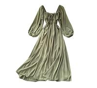 YM YOUMU - Abito da donna estivo a maniche lunghe, a sbuffo, in chiffon, busto elastico, con laccio sul davanti, per matrimoni e feste, Verde, Taglia unica Petite