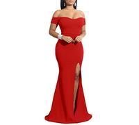 YMDUCH Abito da Sera Lungo Formale da Donna con Spalle Scoperte e Spacco Alto, Rosso, S