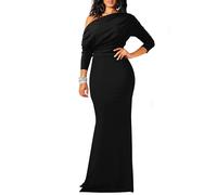 YMDUCH Abito da Sera Lungo Sexy Elegante a Maniche Lunghe con Spalle Scoperte dalla Spalla Aderente, Nero, S