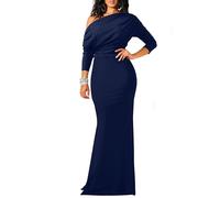 YMDUCH Abito da Sera Sexy da Donna, Elegante, a Maniche Lunghe, Senza Spalline, Lunghezza Bodycon, Abito Formale, Blu Mare, M