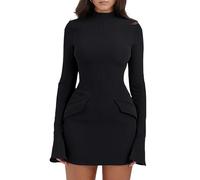 YMDUCH Vestito corto da donna a maniche lunghe con collo alto e mini canotta aderente, nero, XL