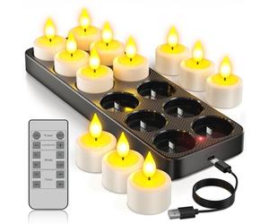 Yme Candele a LED con funzione timer, telecomando, 12 pezzi, ricaricabili, elettrici, USB, ricaricabili con stazione di ricarica per soggiorno, stanza, Halloween, Natale, feste, moderne