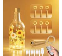 Ymenow Luci per bottiglie ricaricabili USB con sughero, 6 pezzi, 2 m, 20 LED, mini filo di rame, luci fatate con timer e telecomando, per bottiglie di vino, fai da te, casa, tavolo, regalo, Halloween