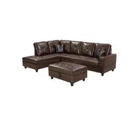 YMGSCC Set di 3 divani componibili, in finta pelle, colore marrone, con chaise longue a destra con contenitore ottomano