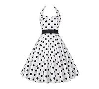 YMING Abito Cocktail Vintage Donna con Cintura Swing Audrey Hepburn Vita Alta Halter Collo del Partito Bianco DOT S