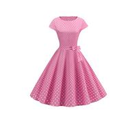 YMING Abito Estivo a Pieghe Rockabilly per Donne Abito a Pois Audrey Hepburn Abiti Swing da Sera con Cintura Rosa M
