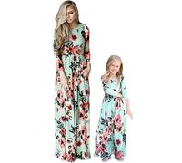 YMING Abito per Tutti I Giorni per Mamma E Figlia Abito da Spiaggia A Maniche Lunghe Abiti con Scollo Rotondo E Stampa Floreale con Tasche Verde Florale XXL