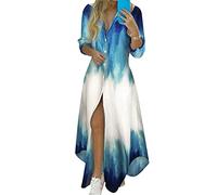 YMING Casual Floral Maxi Vestito per Le Donne Lapel Button Up 3/4 Manica Abito Camicia Lunga Larga Split Maxi Abiti Ombre XS