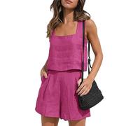 YMING Donna 2 Pezzi Outfits Cotone Lino Tank Top E Short Suit per Le Vacanze Estive Set Casual Abiti Giornalieri Rose M