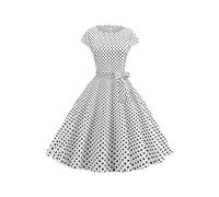 YMING Donna Abiti Estivi Eleganti Plissettati Audrey Hepburn Abito da Principessa Abiti Sexy a Pois Abito a Vita Alta con Cintura Bianco S