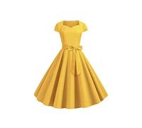 YMING Donna Abiti Signore Audrey Hepburn Eleganti al Ginocchio Abiti a Maniche Corte Rockabilly con Cintura Abiti a Tinta Unita Giallo M