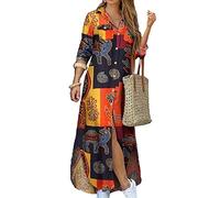 YMING Donna Abito Maniche Lunghe Abito Casual con Risvolto con Tasche Abito Blusa Abbottonata Giallo L