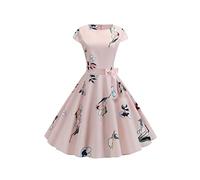 YMING Donna Altalena Abito Floreale da Sera Abito Girocollo Rockabilly Abito Elegante a Maniche Corte Abito Audrey Hepburn Abiti da Cocktail Party Fiore Rosa Chiaro M