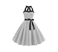 YMING Donna Audrey Hepburn Rockabilly Swing Dress Vintage Abito di Colore Solido Casual Halter Neck Dress Bianco S
