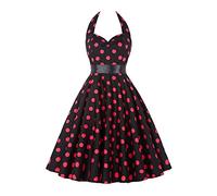 YMING Donna Low Cut Vita Alta off Abito Spalla Senza Maniche Vintage Polka DOT Vestito Partito Halter Collo Abito da Cocktail Cinturino Nero Rosso XS