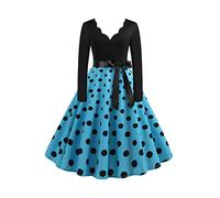 YMING Donne Abito a Pois Vintage Collo a V Abito Elegante Manica Lunga Abito Punto Blu M