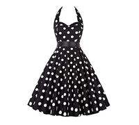 YMING Donne Abito A Vita Alta del Collo delle di Colore Solido Vintage Vestito Audrey Hepburn con Cintura in Vita in Vita Nero L