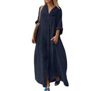 YMING Donne Abito Maxi Estivo Casual E Ampio in Cotone E Lino con Tasche Cardigan da Bikini Abbottonabile A Tinta Unita con Maniche Lunghe Blu Scuro XXL