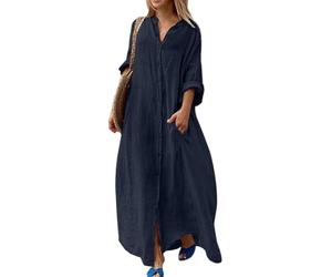 YMING Donne Abito Maxi Estivo Casual E Ampio in Cotone E Lino con Tasche Cardigan da Bikini Abbottonabile A Tinta Unita con Maniche Lunghe Blu Scuro XXL