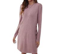 YMING Donne Autunno Fashion Elegante Solido Plain Simple Dress Classico Basic Light Comfy Vestito A Manica Lunga Rosa L