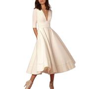 YMING Donne Borse Abito Elegante del Partito da Damigella d'Onore Colore Solido Abito Midi Bianco L