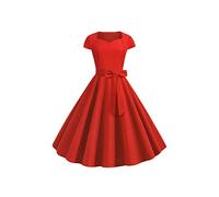 YMING Donne Cocktail Party Abito da Sera Abiti Vintage Colore Solido Rockabilly Swing Abito Estivo Puro Rosso M