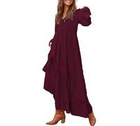 YMING Donne Cosy Baggy Button Front Pleated Maxi Abiti Viaggio Basic Swing Hem V Collo Maxi Abito Vino Rosso XL