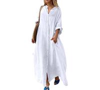 YMING Donne Maxi Abito Estivo Ampio in Cotone E Lino con Maniche Lunghe Colletto E Bottoni Cardigan Bikini Fluido con Tasche Bianco M