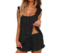 YMING Donne Outfit Basic Alla Moda Pigiama Per Tutti I Giorni Con Scollo Quadrato Orlo Con Volant Set Di Pantaloncini Nero M