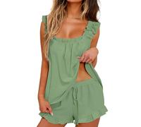 YMING Donne Outfit Moda Estiva Set Pigiama Basic Leggero Con Volant Sull'orlo E Scollo Quadrato Oltre A Pantaloncini Verde S