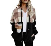 YMING Donne Plaid Pockets Open Front Full Zip Hooded Giacca Manica Lunga Loose Fit Color Block Coats Rosa Bianco S
