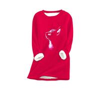 YMING Donne Pullover Invernale A Maniche Lunghe Teddy Fleece Top Cat Felpe O-Collo Top M-Red XL