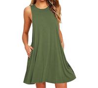 YMING Donne Senza Maniche Swing Abito Estate Flared Abiti da Serbatoio Midi Abito con Tasche Esercito Verde L