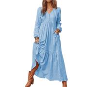 YMING Donne Tasche Laterali Leggero Autunno Inverno Maxi Abito Cotone Biancheria Una Linea Swing Hem Abiti Blu Chiaro XXL