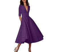 YMING Elegante Abito da Damigella d'Onore del Partito delle Tasche Vestito Estivo a Vita Alta Slim Fit Vestito Viola M
