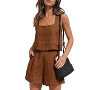 YMING Estate delle Donne 2pc Outfit Vestiti delle Signore Lounge Vest Top E Short Set Casual Tinta Solida Cotone Outfit Marrone Scuro L