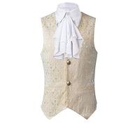 YMING Gilet Da Uomo Vittoriano Steampunk Vintage Medievale Slim Fit Gilet Da Abito Con Collo a V Con Volant Gilet Con Colletto Finto Fiore Bianco S