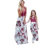 YMING Madre E Figlia Boho Floral Family Style Hawaiian Dress Oversize Sundress per Il Giorno dei Bambini Vino Rosso Florale L