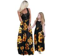 YMING Madre E Figlia Collo Rotondo Abito Lungo Spiaggia Serbatoio Maxi Abito Boho Modello Cucito Abito Estivo Nero Girasole L