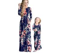 YMING Mamma E Figlia Abito da Famiglia per Tutti I Giorni Abito A Vita Alta A Maniche Lunghe Abiti retrò con Scollo Rotondo E Tasche Blu Florale 5-6