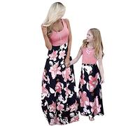 YMING Mum And Me Vestito Senza Maniche Spaghetti Stitching Ruffle Sundress Stampato Boho Abito Lungo Rosso Fiore M
