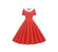 YMING Signore Audrey Hepburn Abito da Cocktail con Cotone Vita Vintage Manica Corta 1950s Abito Rosso XL