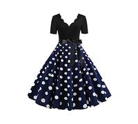 YMING Signore Swing Estivi Audrey Hepburn Abito A Pois con Cintura Abito A Vita Alta Blu Scuro 3XL