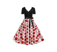 YMING Vestito a Manica Corta per Le Donne Vestito Vintage con Scollo a V Audrey Hepburn Abito da Festa Bianco Rosso a Pois 3XL