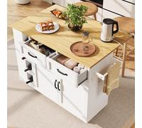 Ymkua Carrello da Cucina, Isola da Cucina con Piano di Lavoro Pieghevole e Cassetti, Mobile Buffet con Presa di Corrente, Bianco, 131.5x76x90.7 cm