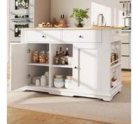 Ymkua Carrello Da Cucina, Isola da Cucina, Mobile da Cucina con Piano di Lavoro Pieghevole e Ruote, Carrello da Portata con 2 Ante e 2 Cassetti, Mobile Buffet con Presa, 151.5x84.7x91.7 cm (Bianco)