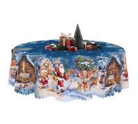 Ymnilian Tovaglia Natalizia Antimacchia Tovaglia stampata a tema natalizio, 1 pezzo, stile rustico retrò, motivo con scena di Babbo Natale e Vigilia(Round (152) Cm)