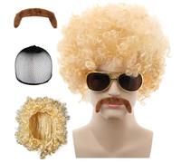 Ymoryiyi Parrucca afro da uomo con baffi - parrucca corta in oro - Costume da discoteca e accessori hippie per uomo - parrucca ricci per carnevale, feste a tema, Halloween