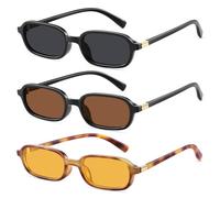 YMRFW Occhiali da sole rettangolari retrò per le donne stretti alla moda piccoli anni '90 stile quadrato montatura occhiali da sole protezione UV, Confezione da 3 (nero/grigio+nero/marrone+stampa