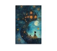 YMXHJJ Stampa artistica da parete su tela con stampa artistica da parete con scena notturna surrealista, poster con magica casa sull'albero e ragazza, 50 x 75 cm